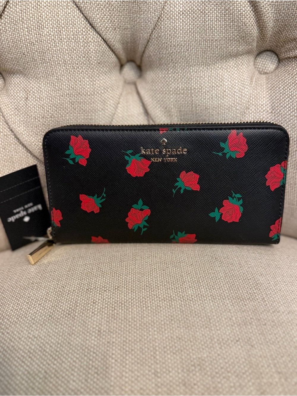 New Kate Spade Large Wallet Madison Rose Toss Printed Leather Continental Black